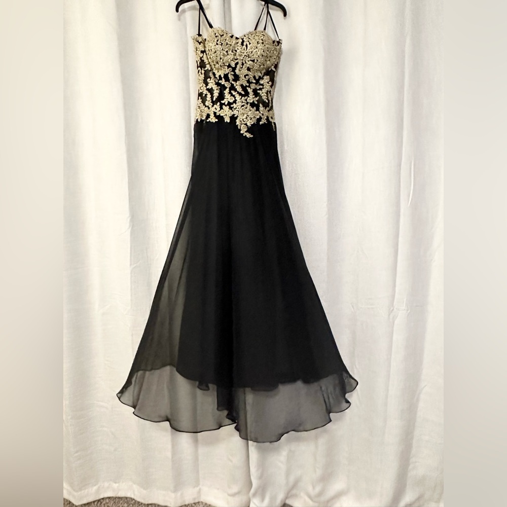 Black and Gold Corset Mesh Long Dress